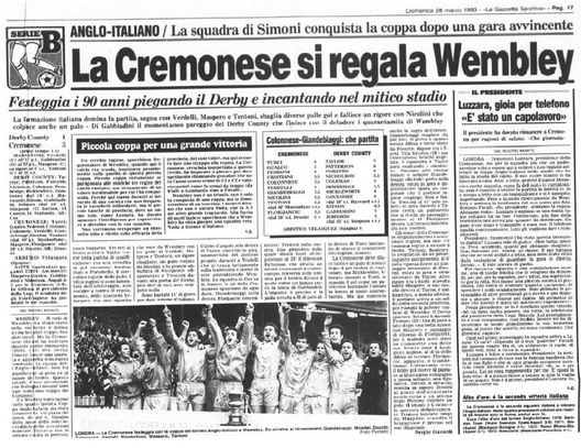 Cremonese, oggi trent’anni da vittoria Coppa Anglo-Italiana a Wembley- immagine 2