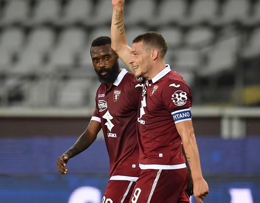 TURIN, ITALY - JULY 16: Andrea Belotti (R) of Torino FC celebrates a goal with team mate Nicolas Nkoulou during the Serie A match between Torino FC and Genoa CFC at Stadio Olimpico di Torino on July 16, 2020 in Turin, Italy. (Photo by Valerio Pennicino/Getty Images) TURIN, ITALY - JULY 16: Andrea Belotti (R) of Torino FC celebrates a goal with team mate Nicolas Nkoulou during the Serie A match between Torino FC and Genoa CFC at Stadio Olimpico di Torino on July 16, 2020 in Turin, Italy. (Photo by Valerio Pennicino/Getty Images)