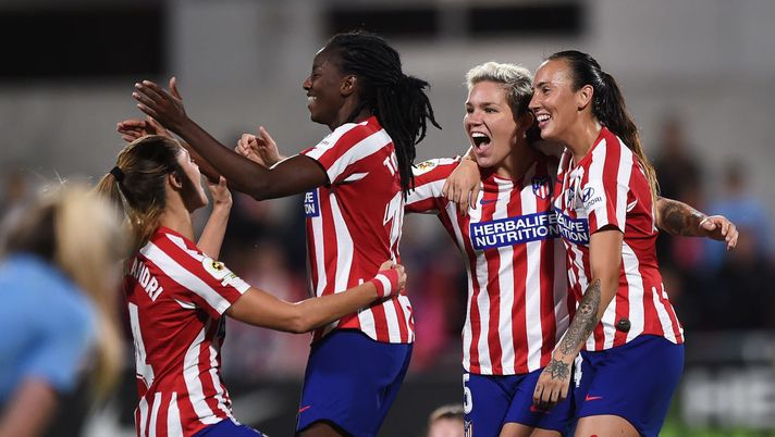 MADRID, SPAIN - OCTOBER 30: Aissatou Tounkara (#2.L) of Atletico Madrid Femenino celebrates with teammates after beating Manchester City Women 2-1 during the UEFA Women's Champions League Round of 16 Second Leg match between Atletico Madrid Femenino and Manchester City Women at Estadio Wanda Atletico de Madrid Alcala de Henares on October 30, 2019 in Madrid, Spain. (Photo by Denis Doyle/Getty Images) MADRID, SPAIN - OCTOBER 30: Aissatou Tounkara (#2.L) of Atletico Madrid Femenino celebrates with teammates after beating Manchester City Women 2-1 during the UEFA Women's Champions League Round of 16 Second Leg match between Atletico Madrid Femenino and Manchester City Women at Estadio Wanda Atletico de Madrid Alcala de Henares on October 30, 2019 in Madrid, Spain. (Photo by Denis Doyle/Getty Images)