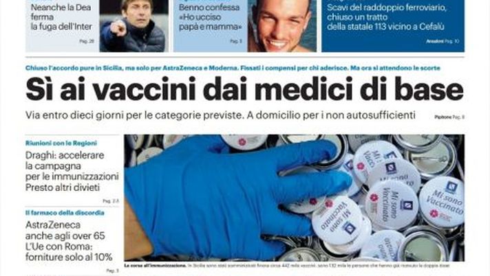 Prima Pagina, Giornale di Sicilia: “Sì ai vaccini dai medici di base. Neanche la Dea ferma la fuga dell’Inter” 
