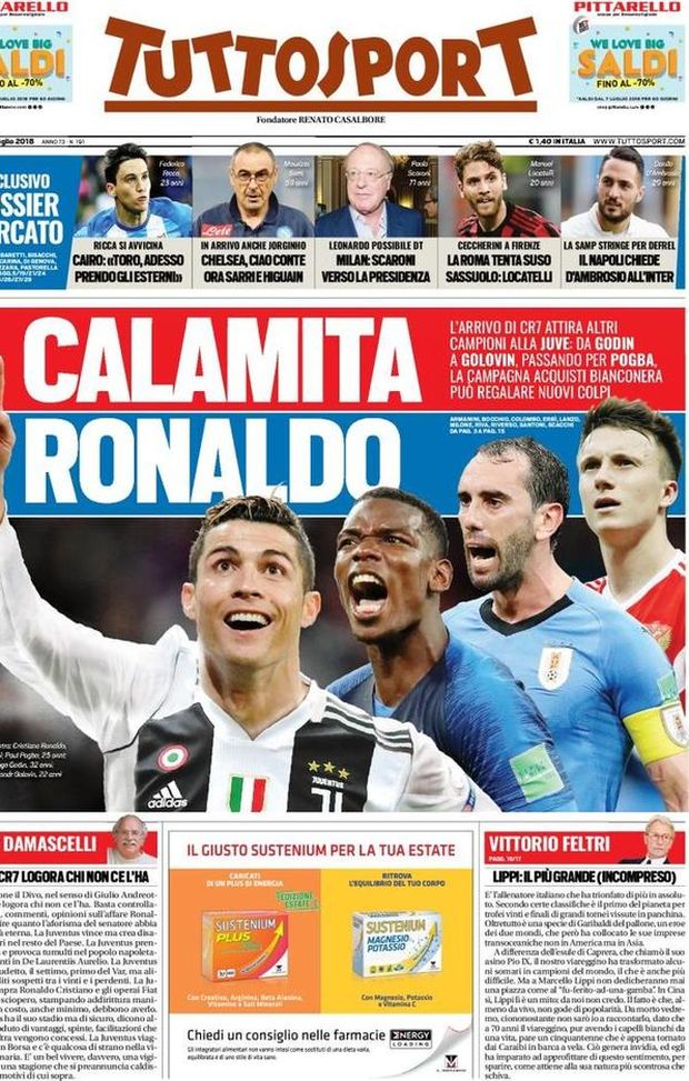 Prima Pagina, Tuttosport: “Calamita Ronaldo. Milan, Leonardo possibile dt. La Roma tenta Suso…” Prima Pagina, Tuttosport: “Calamita Ronaldo. Milan, Leonardo possibile dt. La Roma tenta Suso…”
