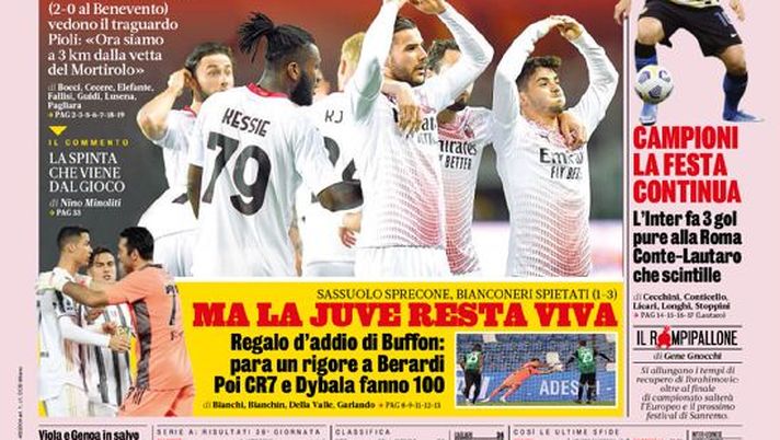 Prima Pagina, La Gazzetta dello Sport: “Indiavolati! Ma la Juve resta viva. Conte-Lautaro, che scintille” 