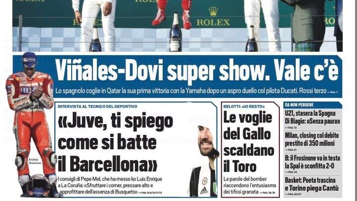 Prima Pagina, Tuttosport: “Le voglie del Gallo scaldano il Toro. Juve, intervista al tecnico che ha battuto Luis Enrique” 