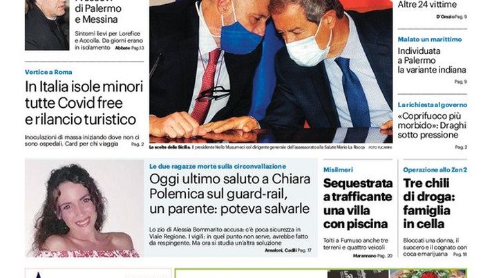 Prima Pagina, Giornale di Sicilia: “Gli over 50 partono da Pfizer. Oggi ultimo saluto a Chiara. Polemica sul guard-rail” Prima Pagina, Giornale di Sicilia: “Gli over 50 partono da Pfizer. Oggi ultimo saluto a Chiara. Polemica sul guard-rail”