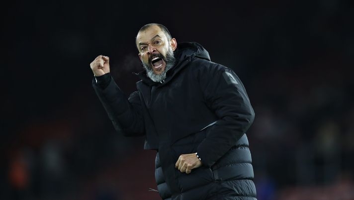 SOUTHAMPTON, ENGLAND - JANUARY 18: Nuno Espirito Santo, Manager of Wolverhampton Wanderers celebrates his sides win during the Premier League match between Southampton FC and Wolverhampton Wanderers at St Mary's Stadium on January 18, 2020 in Southampton, United Kingdom. (Photo by Bryn Lennon/Getty Images) tottenham