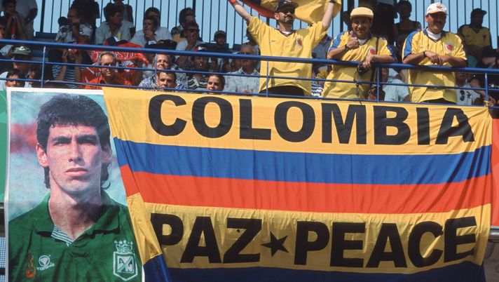 MONTPELLIER, FRANCE - JUNE 22: Fans of Colombia display a banner from Andres Escobar, who was murdered after the World Cup 1994, during the FIFA World Cup group d match between Colombia and Tunesia on June 22, 1998 in Montpellier, France. 