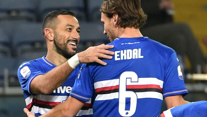 GENOA, ITALY - DECEMBER 01: Fabio Quagliarella of Sampdoria celebrates after goal 4-1 with Albin Ekdal during the Serie A match between UC Sampdoria and Bologna FC at Stadio Luigi Ferraris on December 2, 2018 in Genoa, Italy. (Photo by Paolo Rattini/Getty Images) GENOA, ITALY - DECEMBER 01: Fabio Quagliarella of Sampdoria celebrates after goal 4-1 with Albin Ekdal during the Serie A match between UC Sampdoria and Bologna FC at Stadio Luigi Ferraris on December 2, 2018 in Genoa, Italy. (Photo by Paolo Rattini/Getty Images)