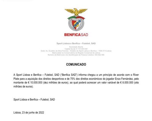 Enzo Fernandez, il comunicato del Benfica Enzo Fernandez, il comunicato del Benfica