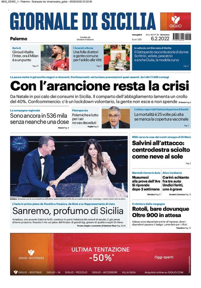 Prima Pagina, Giornale di Sicilia: “Con l’arancione resta la crisi”  Prima Pagina, Giornale di Sicilia: “Con l’arancione resta la crisi” - immagine 1