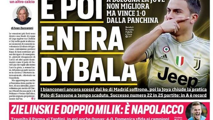 Prima Pagina, Corriere dello Sport: “E poi entra Dybala. Abisso Var. Napolacco. Sarri furioso…”  Prima Pagina, Corriere dello Sport: “E poi entra Dybala. Abisso Var. Napolacco. Sarri furioso…”