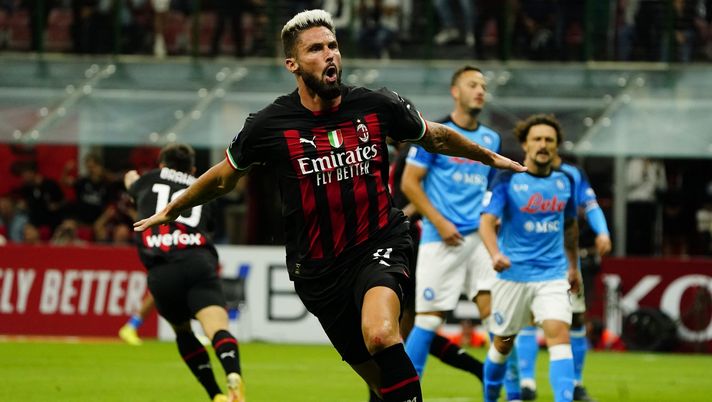 MILAN, ITALY - SEPTEMBER 18: Olivier Giroud of AC Milan celebrates after scoring his team's first goal during the Serie A match between AC MIlan and SSC Napoli at Stadio Giuseppe Meazza on September 18, 2022 in Milan, Italy. (Photo by Pier Marco Tacca/AC Milan via Getty Images)