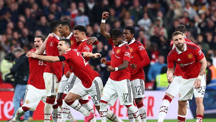 LONDON, ENGLAND - APRIL 23: Diogo Dalot of Manchester United celebrates after the team's victory in the penalty shoot out during the Emirates FA Cup Semi Final match between Brighton & Hove Albion and Manchester United at Wembley Stadium on April 23, 2023 in London, England. (Photo by Clive Rose/Getty Images) Il Manchester United raggiunge Wembley: FA Cup, in finale sarà derby - immagine 1