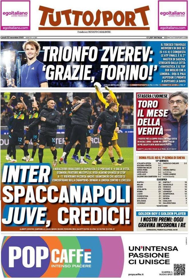 Prima Pagina, Tuttosport: “Inter spaccaNapoli, Juve credici!” Prima Pagina, Tuttosport: “Inter spaccaNapoli, Juve credici!”