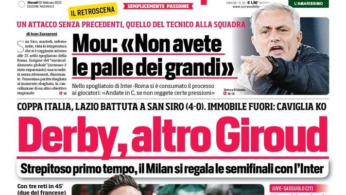 Prima Pagina, Corriere dello Sport: “Derby, altro Giroud. Mou, attacco senza precedenti” - immagine 1