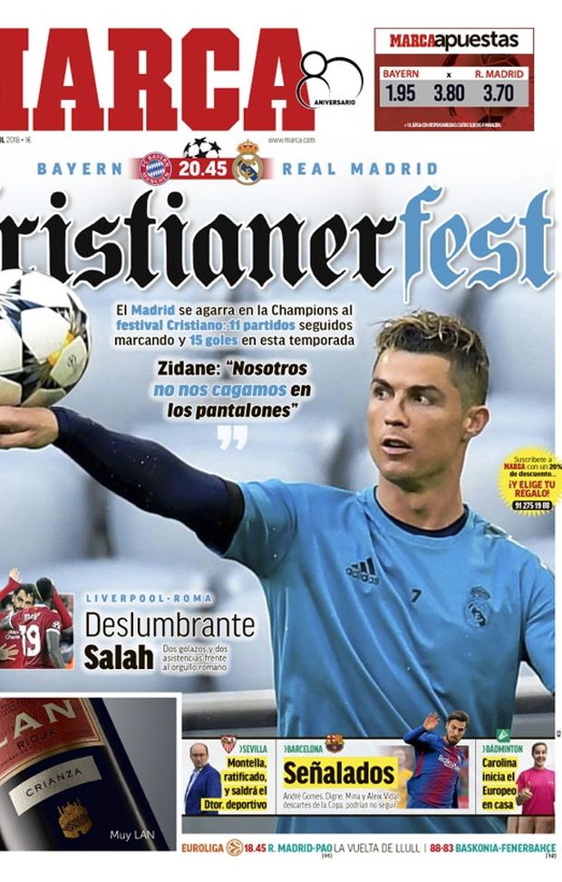 Prima Pagina, Marca: “Cristianer-fest. Zidane: ‘Noi non ce la facciamo sotto’. Liverpool-Roma, Salah abbagliante…” Prima Pagina, Marca: “Cristianer-fest. Zidane: ‘Noi non ce la facciamo sotto’. Liverpool-Roma, Salah abbagliante…”