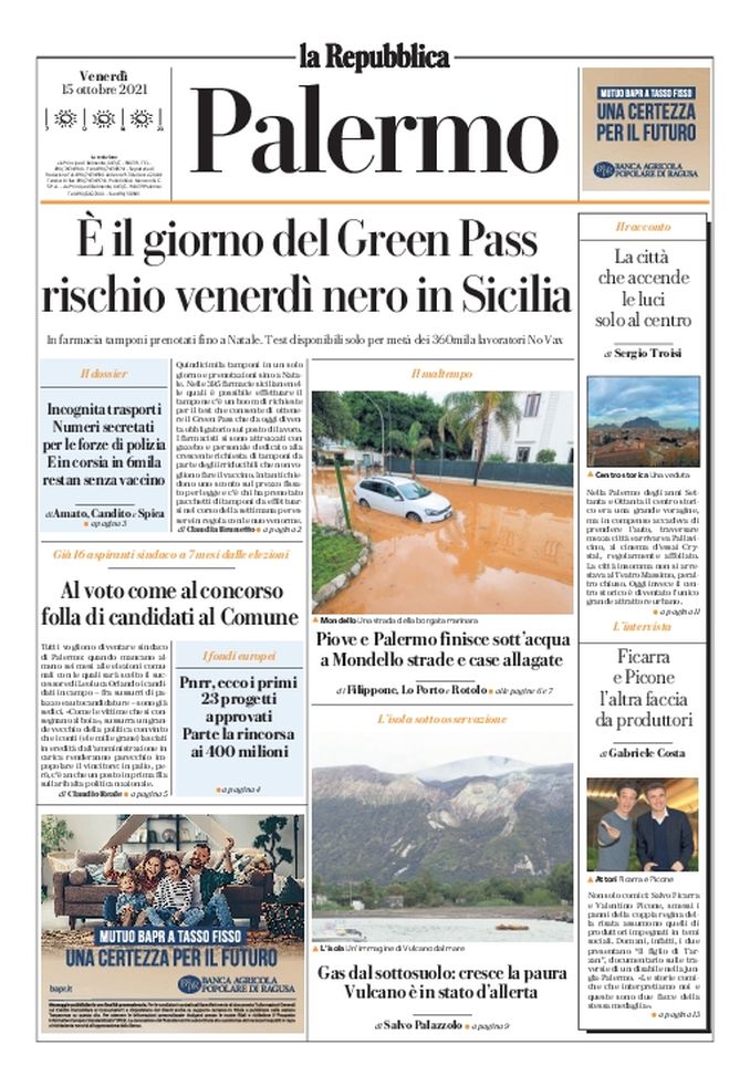 Prima Pagina, La Repubblica-Palermo: “A Mondello strade e case allagate” Prima Pagina
