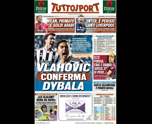 Prima Pagina, Tuttosport: “Vlahovic conferma Dybala. Svolta Salernitana” Prima Pagina, Tuttosport: “Vlahovic conferma Dybala. Svolta Salernitana” - immagine 1