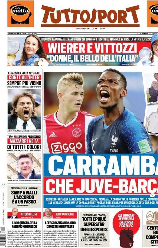 Prima Pagina, Tuttosport: “Carramba che Juve-Barça! CR7, oggi altri esami. Conte all’Inter. Samp a Vialli” Prima Pagina, Tuttosport: “Carramba che Juve-Barça! CR7, oggi altri esami. Conte all’Inter. Samp a Vialli”
