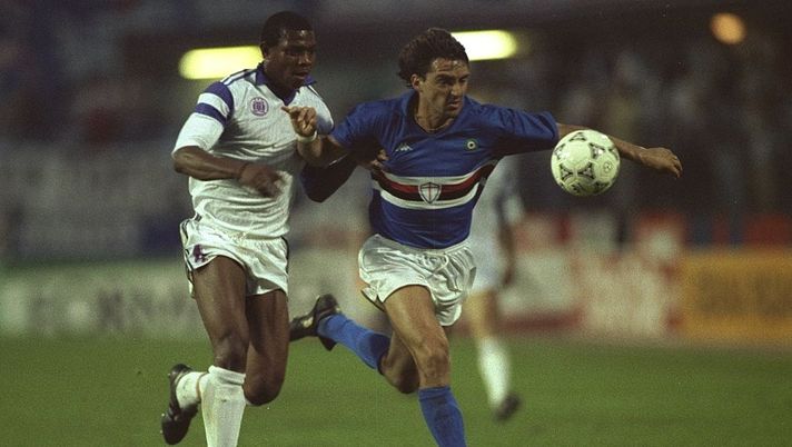 9 May 1990: Roberto Mancini (right) of Sampdoria holds off Stephen Keshi (left #4) of Anderlecht during the European Cup Winners Cup Final match in Gothenburg, Sweden. Sampdoria won the match 2-0. Mandatory Credit: Ben Radford/Allsport 9 May 1990: Roberto Mancini (right) of Sampdoria holds off Stephen Keshi (left #4) of Anderlecht during the European Cup Winners Cup Final match in Gothenburg, Sweden. Sampdoria won the match 2-0. Mandatory Credit: Ben Radford/Allsport