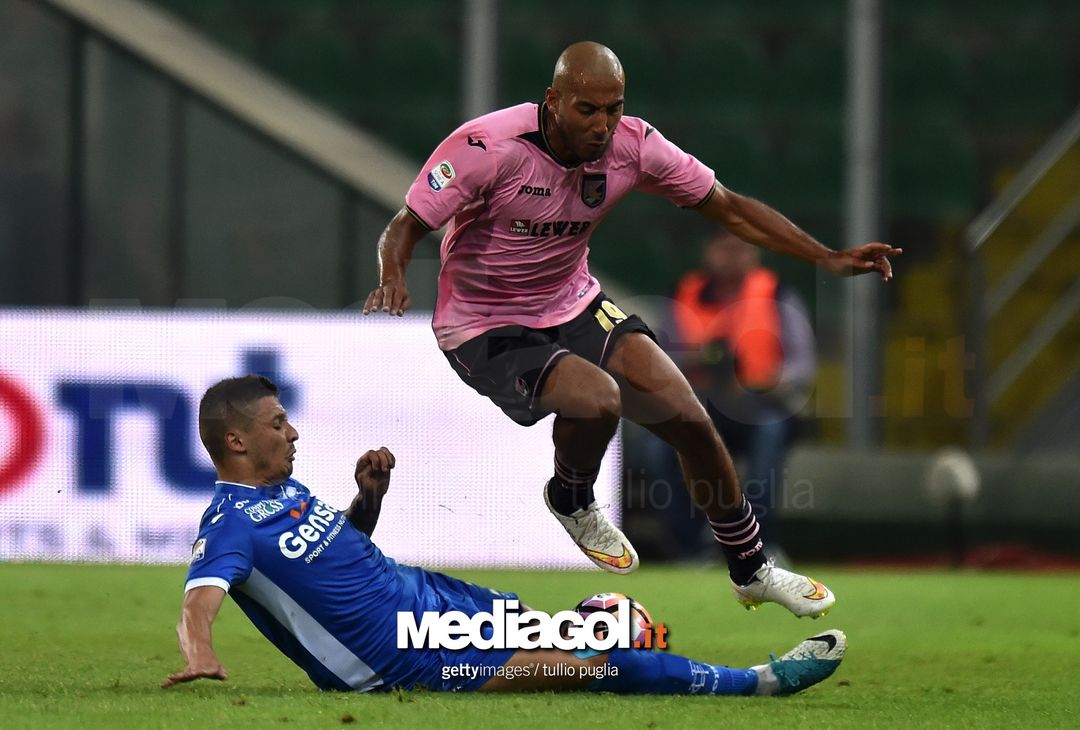  PALERMO, ITALY - MAY 28:  Haitam Aleesami (R) of Palermo jumps as Rade Krunic (R) of Empoli tackles during the Serie A match between US Citta di Palermo and Empoli FC at Stadio Renzo Barbera on May 28, 2017 in Palermo, Italy.  (Photo by Tullio M. Puglia/Getty Images) 