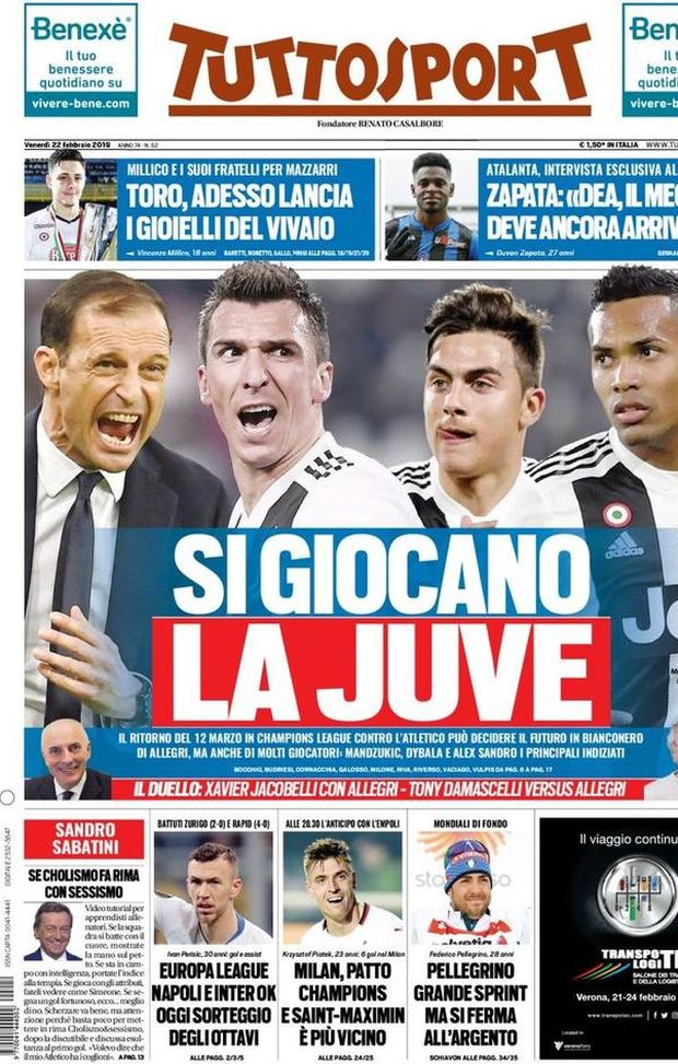 Prima Pagina, Tuttosport: “Si giocano la Juve. Napoli e Inter ok. Milan, patto Champions…” Prima Pagina, Tuttosport: “Si giocano la Juve. Napoli e Inter ok. Milan, patto Champions…”