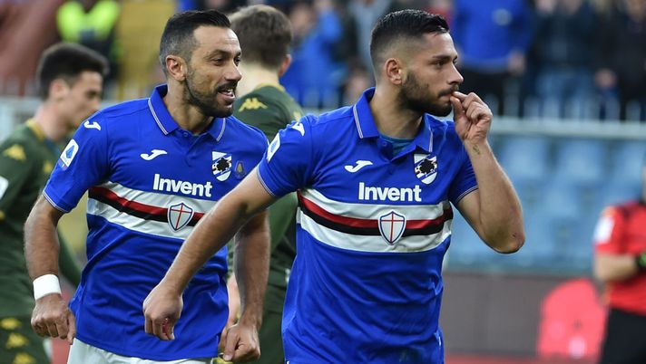 GENOA, ITALY - JANUARY 12: Gianluca Caprari of UC Sampdoria celebrates with Fabio Quagliarella after scorig the 4-1 goal during the Serie A match between UC Sampdoria and Brescia Calcio at Stadio Luigi Ferraris on January 12, 2020 in Genoa, Italy. (Photo by Paolo Rattini/Getty Images) GENOA, ITALY - JANUARY 12: Gianluca Caprari of UC Sampdoria celebrates with Fabio Quagliarella after scorig the 4-1 goal during the Serie A match between UC Sampdoria and Brescia Calcio at Stadio Luigi Ferraris on January 12, 2020 in Genoa, Italy. (Photo by Paolo Rattini/Getty Images)