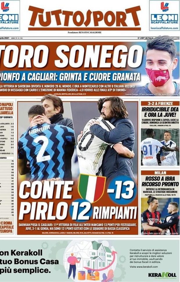 Tuttosport, la prima pagina di oggi, lunedì 12 aprile 2021 Tuttosport, la prima pagina di oggi, lunedì 12 aprile 2021