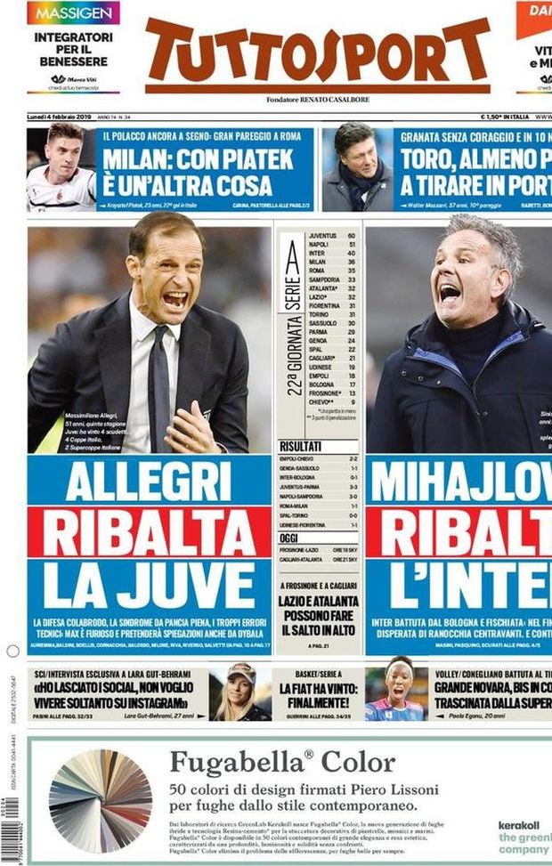 Prima Pagina, Tuttosport: “Allegri ribalta la Juve, Mihajlovic ribalta l’Inter. Milan, con Piatek…” Prima Pagina, Tuttosport: “Allegri ribalta la Juve, Mihajlovic ribalta l’Inter. Milan, con Piatek…”
