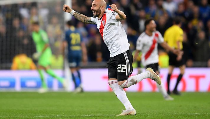 MADRID, SPAIN - DECEMBER 09: Javier Pinola of River Plate celebrates after teammate Juan Quintero scores their team's second goal during the second leg of the final match of Copa CONMEBOL Libertadores 2018 between Boca Juniors and River Plate at Estadio Santiago Bernabeu on December 9, 2018 in Madrid, Spain. Due to the violent episodes of November 24th at River Plate stadium, CONMEBOL rescheduled the game and moved it out of Americas for the first time in history. (Photo by Laurence Griffiths/Getty Images) MADRID, SPAIN - DECEMBER 09: Javier Pinola of River Plate celebrates after teammate Juan Quintero scores their team's second goal during the second leg of the final match of Copa CONMEBOL Libertadores 2018 between Boca Juniors and River Plate at Estadio Santiago Bernabeu on December 9, 2018 in Madrid, Spain. Due to the violent episodes of November 24th at River Plate stadium, CONMEBOL rescheduled the game and moved it out of Americas for the first time in history. (Photo by Laurence Griffiths/Getty Images)