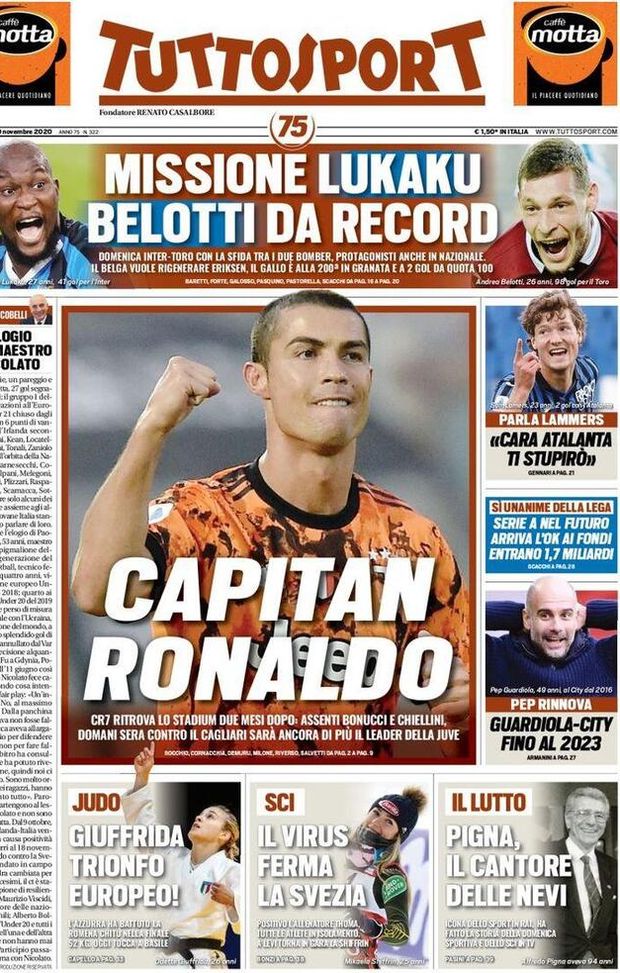 Tuttosport, la prima pagina di oggi, venerdì 20 novembre 2020 