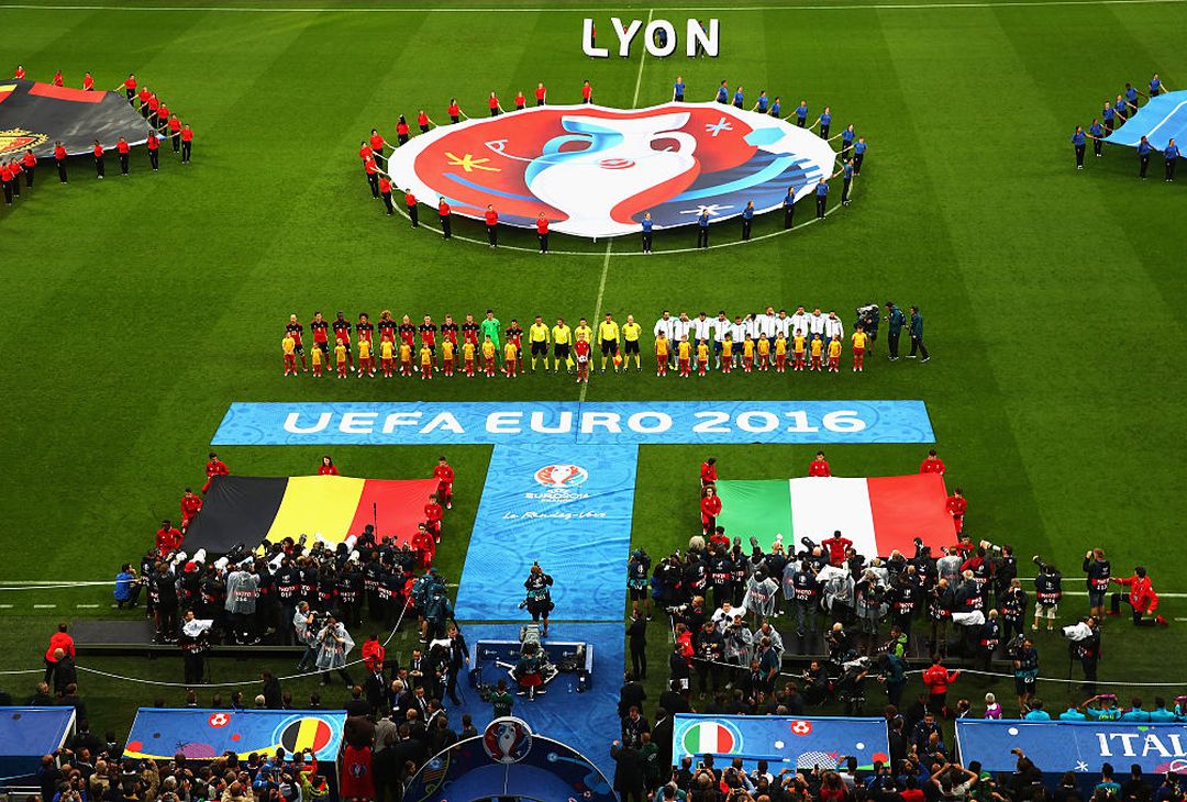  LYON, FRANCE - JUNE 13:  Players line up for the national anthems prior to the UEFA EURO 2016 Group E match between Belgium and Italy at Stade des Lumieres on June 13, 2016 in Lyon, France.  (Photo by Clive Brunskill/Getty Images) 