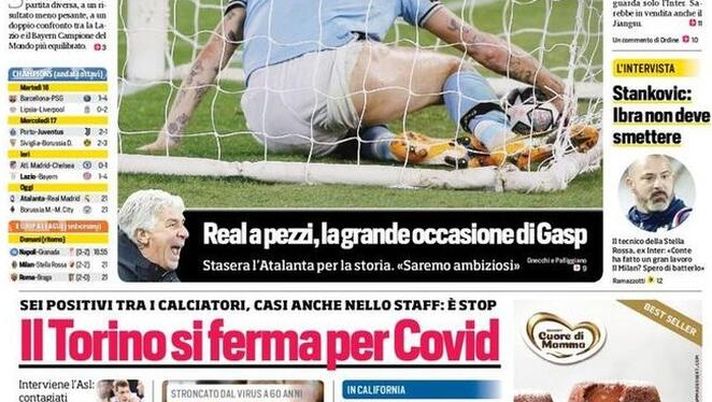 Prima Pagina, Corriere dello Sport: &#8220;Blackout Lazio! Real a pezzi, la grande occasione di Gasp. Il Torino si ferma per Covid&#8221;