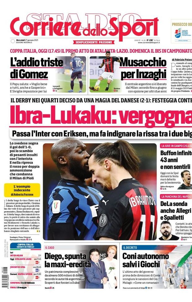 Prima Pagina, Corriere dello Sport: “Ibra-Lukaku, vergogna! Musacchio per Inzaghi, l’addio triste di Gomez” Prima Pagina, Corriere dello Sport: “Ibra-Lukaku, vergogna! Musacchio per Inzaghi, l’addio triste di Gomez”