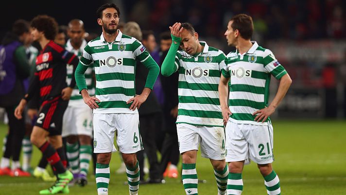 LEVERKUSEN, GERMANY - FEBRUARY 25: Alberto Aquilani, Jefferson and Joao Pereira (L-R) of Sporting react after the UEFA Europa League round of 32 second leg match between Bayer Leverkusen and Sporting Lisbon at BayArena on February 25, 2016 in Leverkusen, Germany.  (Photo by Alex Grimm/Bongarts/Getty Images) 