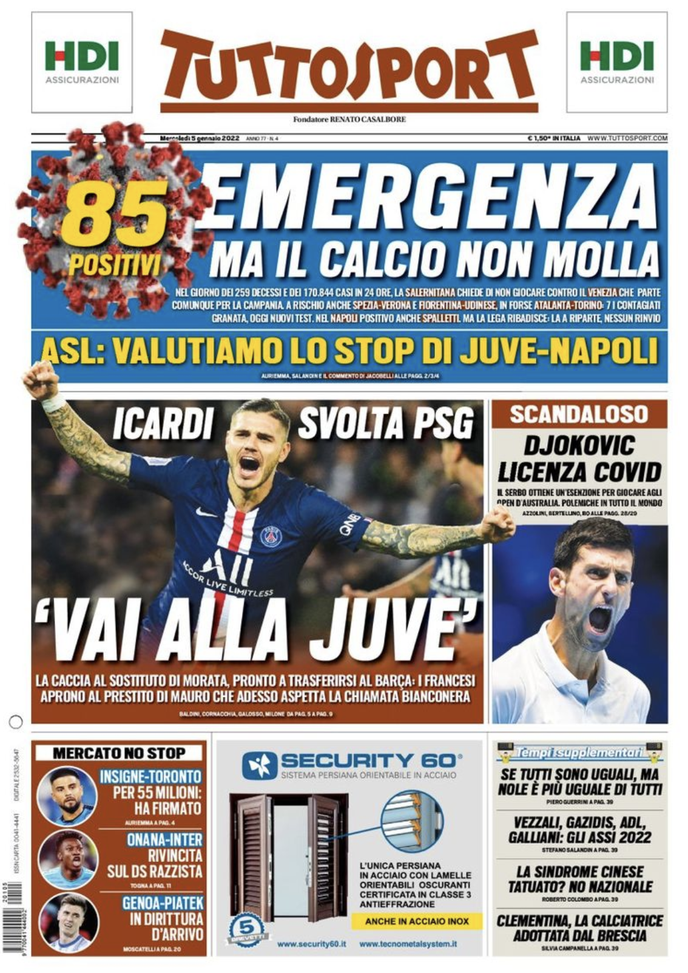 Prima Pagina, Tuttosport: “Icardi svolta PSG. Emergenza, ma il calcio non molla” prima pagina