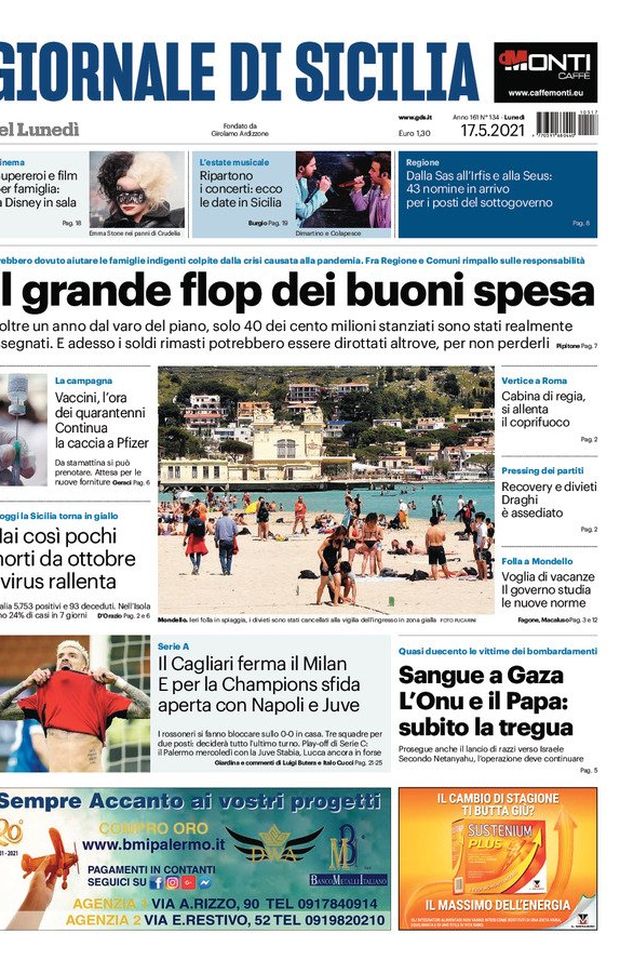 Prima Pagina, Giornale di Sicilia: “Il grande flop dei buoni spesa. “Vaccini, l’ora dei quarantenni” Prima Pagina, Giornale di Sicilia: “Il grande flop dei buoni spesa. “Vaccini, l’ora dei quarantenni”