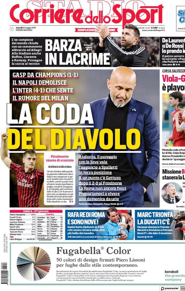 Prima Pagina, Corriere dello Sport: “La coda del Diavolo. Barza in lacrime. Viola-Genoa, playout” Prima Pagina, Corriere dello Sport: “La coda del Diavolo. Barza in lacrime. Viola-Genoa, playout”