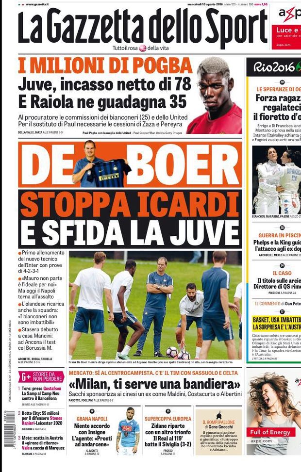 Prima Pagina, La Gazzetta dello Sport: “De Boer stoppa Icardi, grana Napoli” 