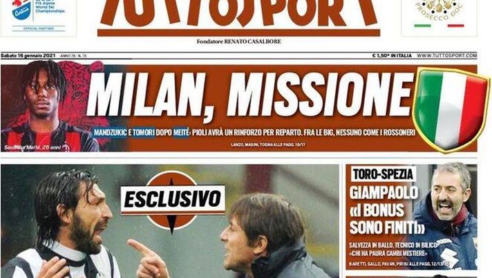 Prima pagina, Tuttosport: “Milan, missione. Pirlo-Conte, la vera storia&#8221; 