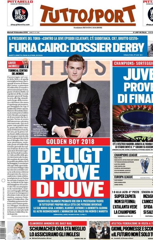 Prima Pagina, Tuttosport: “De Ligt prove di Juve, Juve prove di finale. Furia Cairo. Super Zapata…” Prima Pagina, Tuttosport: “De Ligt prove di Juve, Juve prove di finale. Furia Cairo. Super Zapata…”