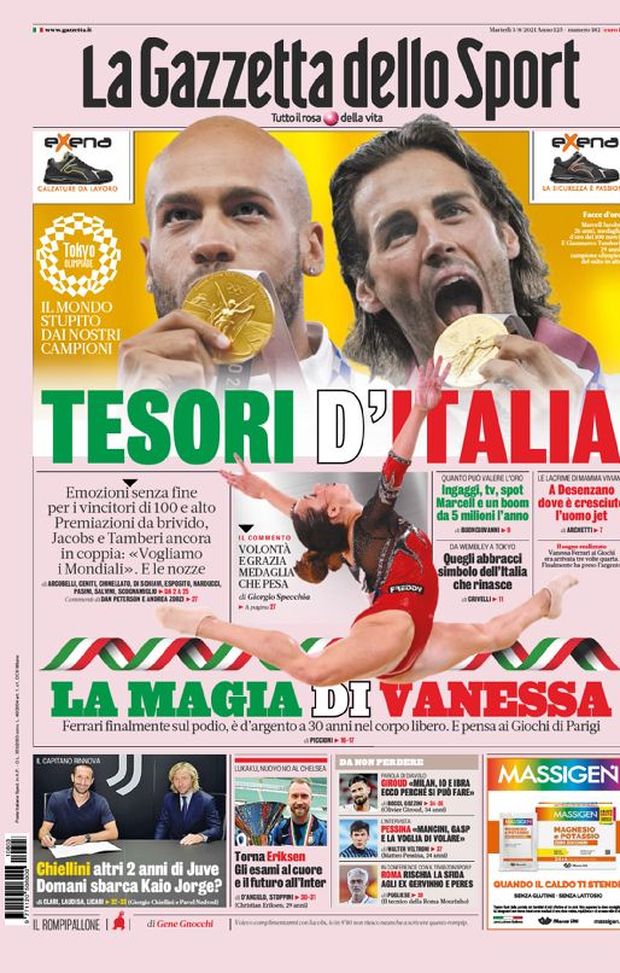 Prima Pagina, La Gazzetta dello Sport: “Tesori d’Italia. Torna Eriksen” 