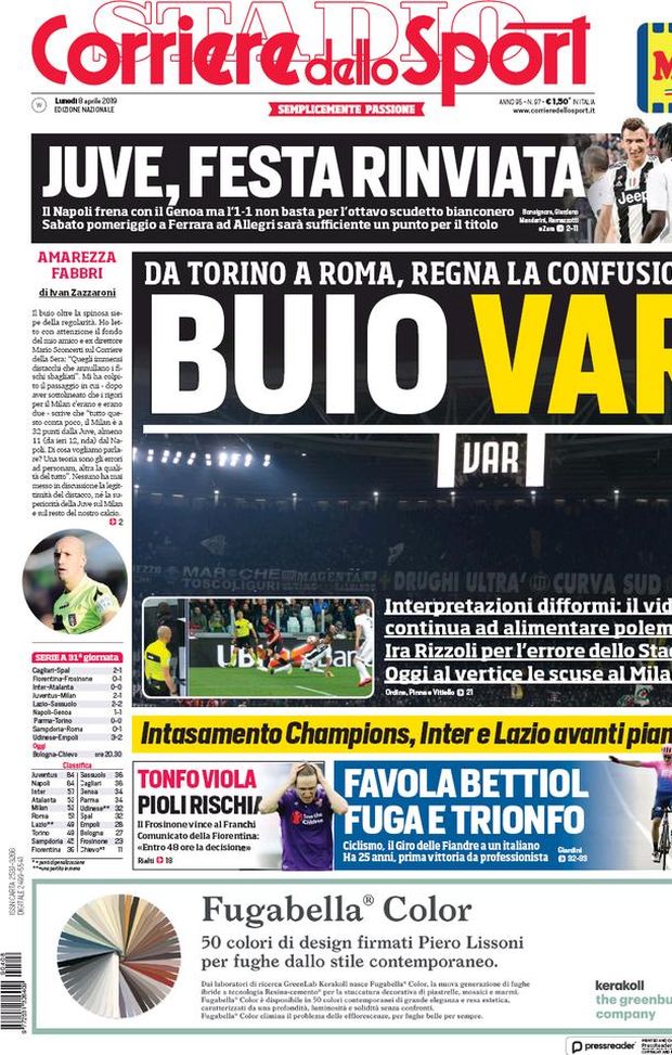 Prima Pagina, Corriere dello Sport: “Buio Var. Intasamento Champions. Juve, festa rinviata” Prima Pagina, Corriere dello Sport: “Buio Var. Intasamento Champions. Juve, festa rinviata”