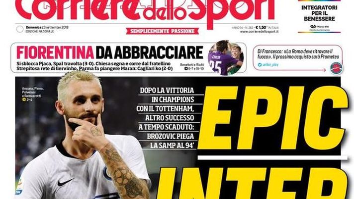 Prima Pagina, Corriere dello Sport: “Epic Inter. Stirpe di fenomeni. Poker Palermo. Firoentina da abbracciare…” 