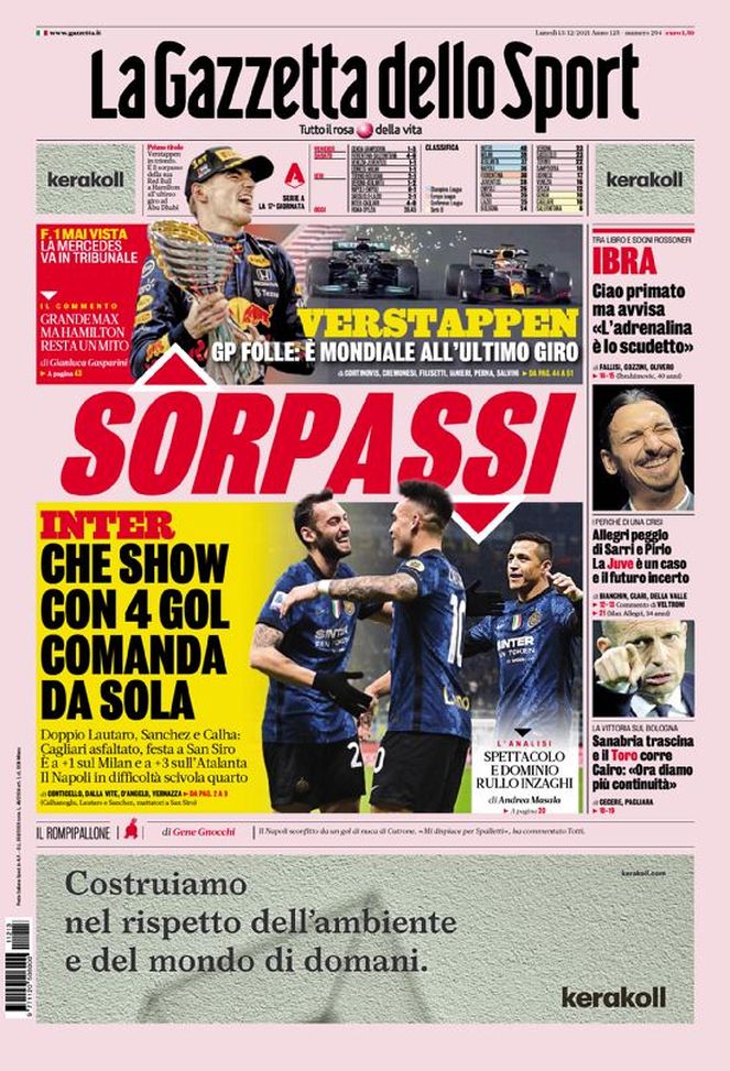 Prima Pagina, La Gazzetta dello Sport: “Sorpassi. Inter che show, comanda da sola” - immagine 1