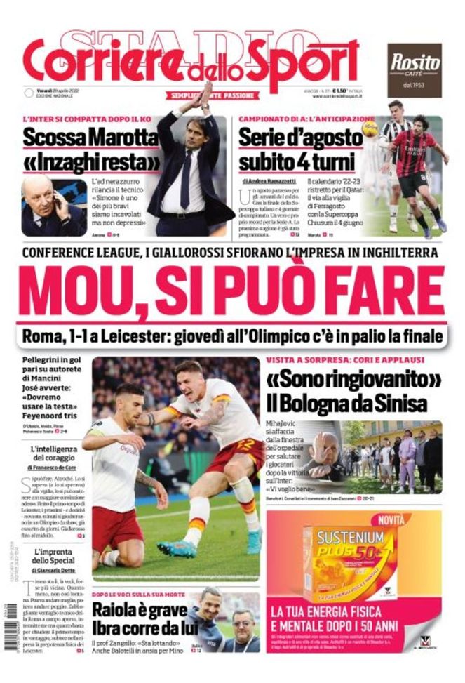 Prima Pagina, Corriere dello Sport: “Mou, si può fare. Raiola è grave. Scossa Marotta”  Prima Pagina, Corriere dello Sport: “Mou, si può fare. Raiola è grave. Scossa Marotta” - immagine 1