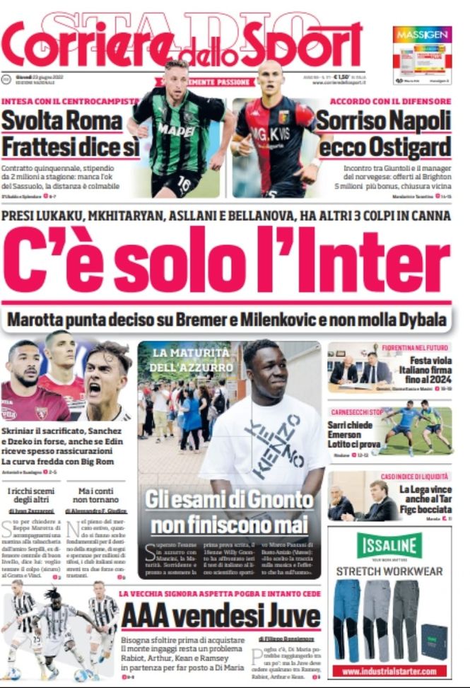 Prima pagina Corriere dello Sport 23/06/2022