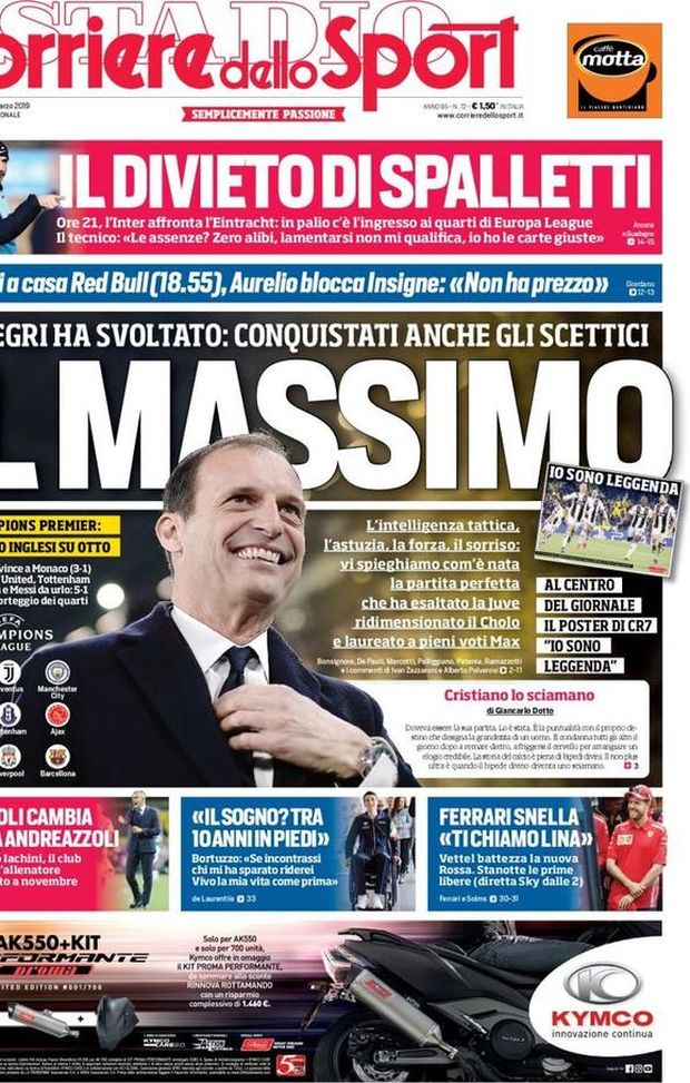 Prima Pagina, Corriere dello Sport: “Il Massimo. Il divieto di Spalletti. E’ Champions Premier” Prima Pagina, Corriere dello Sport: “Il Massimo. Il divieto di Spalletti. E’ Champions Premier”