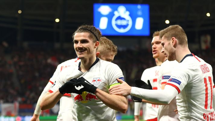 LEIPZIG, GERMANY - MARCH 10: Marcel Sabitzer of RB Leipzig celebrates after scoring his sides first goal during the UEFA Champions League round of 16 second leg match between RB Leipzig and Tottenham Hotspur at Red Bull Arena on March 10, 2020 in Leipzig, Germany. (Photo by Martin Rose/Bongarts/Getty Images) LEIPZIG, GERMANY - MARCH 10: Marcel Sabitzer of RB Leipzig celebrates after scoring his sides first goal during the UEFA Champions League round of 16 second leg match between RB Leipzig and Tottenham Hotspur at Red Bull Arena on March 10, 2020 in Leipzig, Germany. (Photo by Martin Rose/Bongarts/Getty Images)