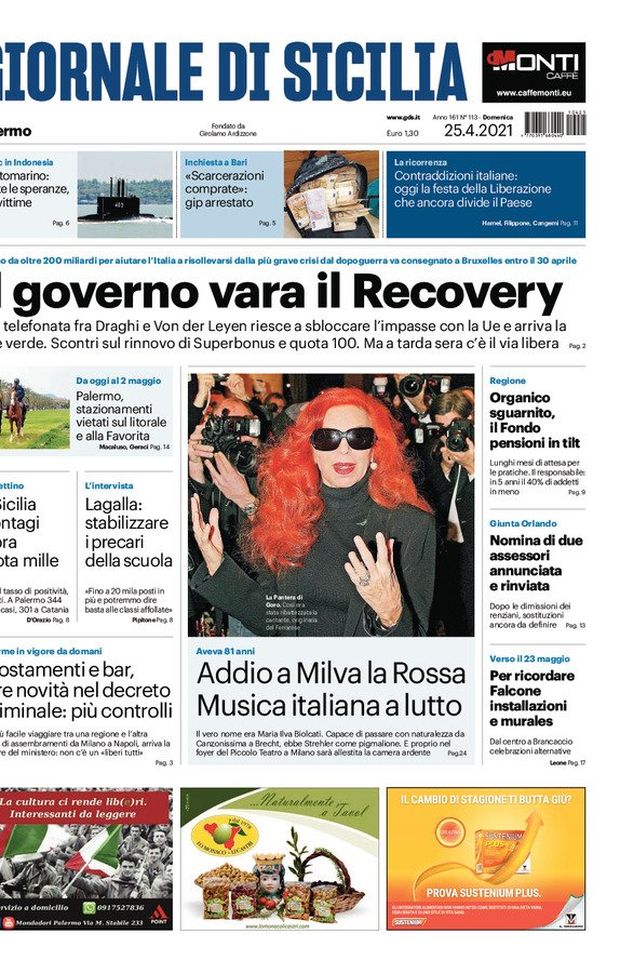 Prima Pagina, Giornale di Sicilia: “Il governo vara il Recovery. Spostamenti e bar, altre novità nel decreto” 