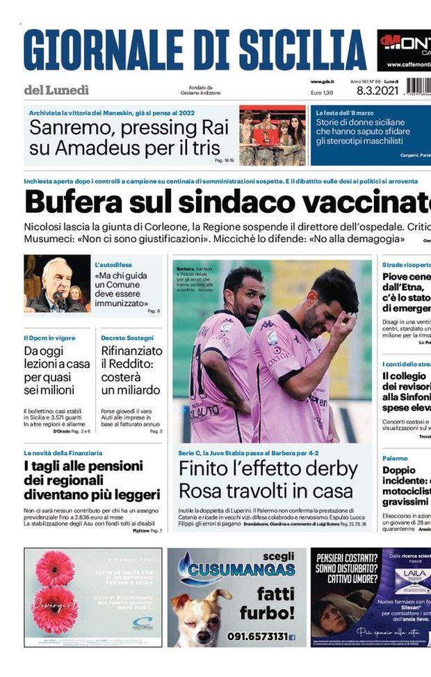 Prima Pagina, Giornale di Sicilia: “Bufera sul sindaco vaccinato. Finito l’effetto derby, rosa travolti in casa” 